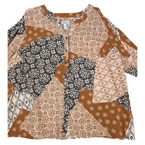 d&co Womens Floral Patchwork Blouse Lightweight Long Sleeve Blue Size‎ 3X